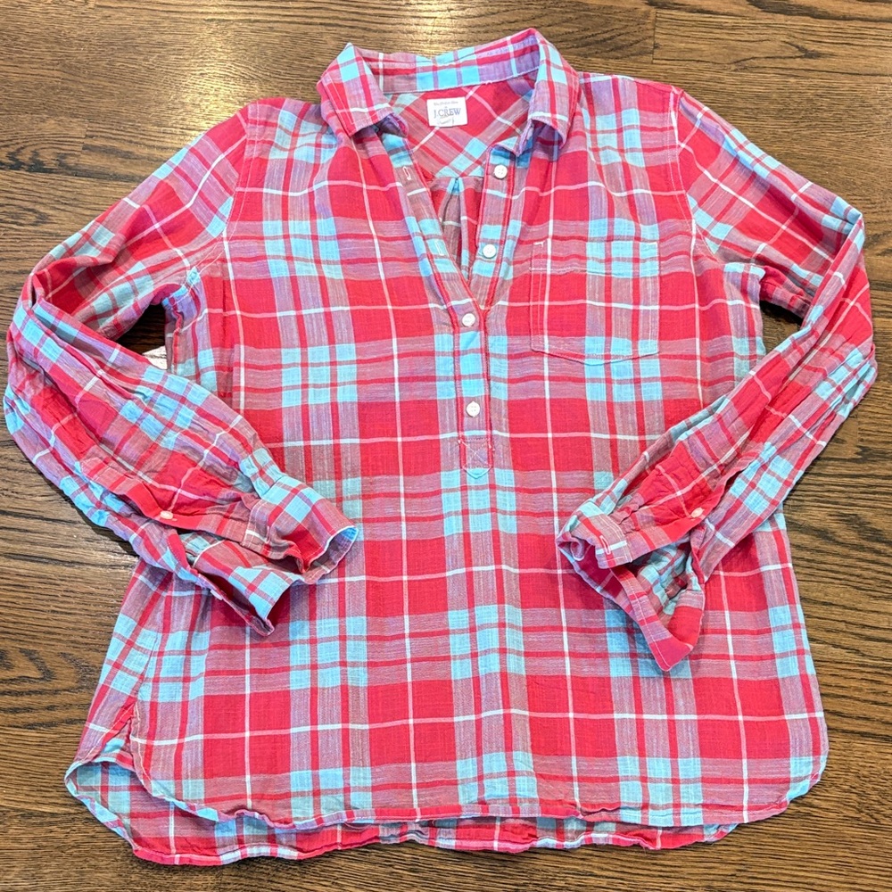J. Crew cotton  Plaid Popover Shirt - Red & Light Blue, xS